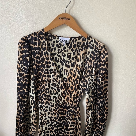 Ganni Women’s Leopard Printed Silk Wrap Dress Tan & Brown Size 36 Maxi - Picture 6 of 12